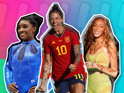 A graphic collage of three female athletes against a neon gradient background. From left to right: a gymnast Biles Simon  in a blue leotard with rhinestone embellishments, a soccer player in a red jersey Jenni Hermoso with the number 10 celebrating, and a model in a green and yellow outfit Winnie Harlow with a mic in hand.